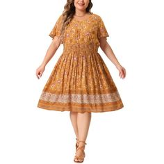 Step into timeless elegance with this bohemian smock waist dress. Its floral printed design blooms with vibrant hues, complemented by a V-neckline that elongates the neck and flatters any figure. The smock waist, adorned with button detailing, creates a flattering silhouette, while flare sleeves add a touch of romance. Pair this dress with mid-heel shoes for a polished look that's perfect for a day of exploring the city or an evening out on the town. For a beachside escape, simply slip on some s Plus Size Holiday, Velvet Flares, Flowy Fabric, Holiday Floral, Denim Overall Dress, Dress Flowy, Flare Sleeves, Overall Dress, Beach Vibe