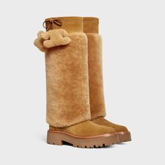 CELINE BULKY HIGH BOOT WITH TRIOMPHE TASSELS in SHEARLING AND SUEDE CALFSKIN Louis Vuitton Boot, Designer Rain Boots, Celine Boots, Boots Outfits, Bow Boots, Denim On Denim, Shoe Inspo, Girly Shoes, New Sneakers