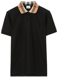 checkered-collar cotton polo shirt from BURBERRY featuring black, cotton, check print, contrasting collar, polo collar, front button placket, short sleeves and straight hem. This item is in size L and the color is Black Black Polo Shirt, Black Polo, Burberry Men, Contrast Collar, Cotton Polo Shirt, Camisa Polo, Cotton Polo, Polo Collar, Mens Polo Shirts