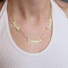 🌻Elevate your everyday style with this gorgeous Three Name Necklace - a stunning piece of jewelry that merges high quality craftsmanship, meticulous attention to detail, and a sleek, modern design. 🎁From the proud parenting momma bear to the passionate loving couple, our Family Name Necklace makes the perfect keepsake. This gem can perfectly enshrine your bond - present it as a thoughtful gift for mom, a sentimental gift for a couple, or a well-deserved self-indulgence! ✨Crafted with impeccabl Customizable Luxury Yellow Gold Necklaces, Customizable Luxury 14k Gold Necklace, Luxury 14k Gold Customizable Necklace, Luxury Customizable 14k Gold Necklace, Luxury Sterling Silver Name Necklace For Formal Occasions, Luxury Sterling Silver Name Necklace For Formal Events, Modern Personalized Jewelry Gift, White Gold Nameplate Necklace Fine Jewelry, Formal Sterling Silver Name Necklace