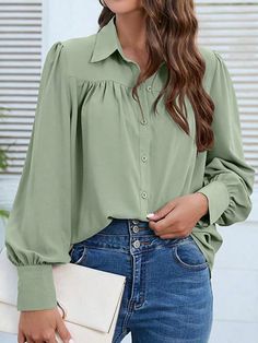 Camisa de mujer de manga farol plisada de color sólido y cuello alto suelta,Tops de manga larga para mujer verde menta Casual  manga larga  Liso Camisa No-Elástico Todo,Primavera/Verano/Otoño Women Clothing, size features are:Bust: ,Length: ,Sleeve Length: Professional Meeting, Layering Ideas, Chiffon Blouses, Lantern Sleeved Blouses, Blouses And Tops, Casual Shirt Women, Ribbed Dress, Classy Work Outfits, Sewing Embroidery Designs