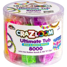 a tub filled with lots of different colored bracelets in it's plastic packaging