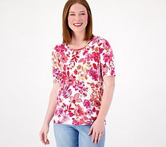 Solids are essential, but prints are sooo pretty! This need-now knit top is the beyond-basic pick you'll wear all summer -- and beyond. From Susan Graver. Casual Patterned Spring T-shirt, Stretch Floral Print T-shirt For Summer, Spring Printed Relaxed Fit Tops, Multicolor Knit Top For Summer, Spring Floral Print Stretch T-shirt, Multicolor Casual Knit Top For Spring, Casual Multicolor Knit Top For Spring, Multicolor Short Sleeve Knit Top For Spring, Multicolor Short Sleeve Knit Top For Summer