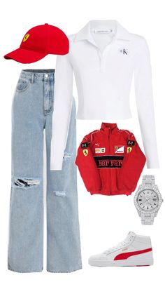 Red Street Wear Outfit, Hogwarts Fits, Batman Oc, Red And White Outfits, Race Outfit, Race Day Outfits, Red Street, Modest Casual Outfits, Clueless Outfits