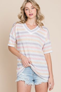 Pastel Striped V-Neck Top - Joy & Country White Relaxed Fit V-neck Top, Summer V-neck Knit Top For Day Out, Casual V-neck Short Sleeve Top For Loungewear, White V-neck T-shirt For Day Out, White Cotton V-neck Knit Top, V-neck Summer Top For Loungewear, Relaxed Fit V-neck Summer Top, Multicolor V-neck Knit Top, Summer V-neck Knit Top For Loungewear