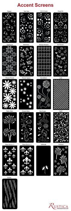 an assortment of black and white patterns with text that reads, accent screens for screen printing