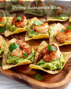 shrimp guacamole bites with avocado and cilantro on tortilla chips