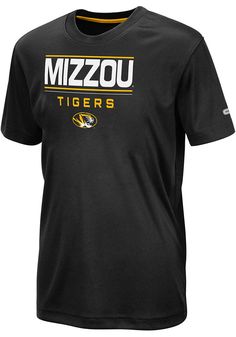 Your future Tigers will be ready for the game with this Missouri Tigers Youth Black Short Sleeve Tee. This Skippy T-Shirt features a rubberized print team graphic on center chest. Rubberized  screen print graphic on center chest, Team graphic on upper back, Crew neck, Athletic fit, Great for any active young sports fan!, Machine Washable, Import, Domestic Black Pre-shrunk Short Sleeve Activewear, Black Activewear For Sports Events With Graphic Print, Black Collegiate Tops With Team Name, Screen Print Sports Fan T-shirt, Collegiate Crew Neck Activewear For Sports, Sports Fan Apparel T-shirt With Team Name, Sports Team Fan Apparel T-shirt, School Spirit T-shirt With Team Logo For Sports, Sports Team Name T-shirt Fan Apparel