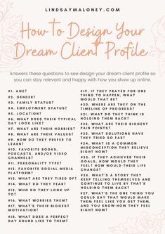 the text how to design your dream client profile on a white background with pink flowers