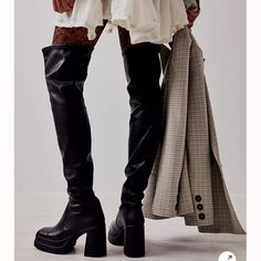 Free People Eu39 Us9 Style No. 78220738; Color Code: 001 Platform Over-The-Knee Boots. Fit: Over-The-Knee Length, Slouchy Fit Smooth Leather Uppers, Square Toe, Chunky Block Heel, Double Stacked Platform Sole, Back Ankle Zipper Leather, Rubber Fall Knee-high Platform Heels, Fall Heeled Boots With Rubber Heel Cap, Platform Heeled Boots In Faux Leather, Fall Party Platform Boots With Rubber Heel Cap, Closed Toe Platform Boots For Workwear, Faux Leather Heeled Boots With Reinforced Heel, Formal Heeled Boots With Rubber Heel Cap, Black Leather Sole Knee-high Boots For Fall, Black Heeled Boots With Rubber Heel Cap