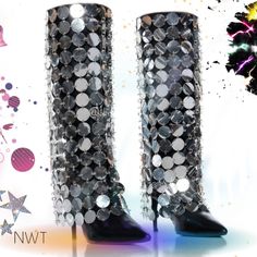 Nwt Bniob Love' Em Make An Offer Make These Disco Beauties Yours! These Are A Must-Have In Any Boot Lover’s Collection. These Wang Silver Disco Bootd Features A Vegan Leather Upper Decorated With A Reflective Discs On Its Embellished Shaft! You Can Dance The Night Away On These Slim Stiletto Heels, With Pointed Toe Silhouette. Complete With A Below The Knee Shaft Height, And A Tonal Inner Ankle Zipper Closure. Style With A Mini Dress And A Coordinatind Sequin Bag And Prepare Yourself For The Ine Silver Sequined Boots For Party, Silver Sequined Party Boots, Silver Boots With Metal Feet For Night Out, Silver Sequined High Heel Boots, Silver Embellished Boots For Night Out, Silver Sequined Boots For Night Out, Fall Silver Sequined Boots, Metallic Silver Boots For Fall Party, Glamorous Party Boots With Silver Studs