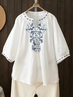 Women's Summer Blouse Top Embroidery Floral Vintage Casual Shirt Mid Sleeve White Folk Style V-neck Blouse, White V-neck Top With Intricate Embroidery, White V-neck Blouse With Intricate Embroidery, Folk Style V-neck Blouse With Embroidered Neckline, Cotton V-neck Blouse With Embroidered Hem, Bohemian V-neck Top With Resham Embroidery, Embroidered Cotton V-neck Shirt, White Embroidered V-neck Shirt, White V-neck Shirt With Floral Embroidery