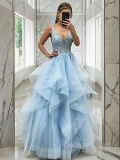 A-Line V-neck Floor-Length Tulle Prom Dresses Blue Lace Prom Dress, Prom Dress With Lace, Formal Wedding Guests, Princess Prom Dresses, Long Prom Gowns, Blue Evening Dresses, A Line Prom Dresses, Chapel Train, Satin Prom Dress