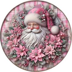 a painting of santa claus surrounded by poinsettis and christmas decorations on a pink plaid background