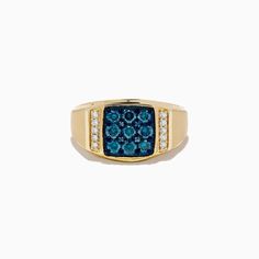 Men's 14K Yellow Gold Blue and White Diamond Ring Formal Blue Signet Ring Stamped 14k, Blue 14k Gold Ring Stamped 14k, Formal Blue 14k Gold Signet Ring, Blue Diamond Ring With 14k Gold Accents, 14k Gold Blue Diamond Ring, Blue 14k Stamped Signet Ring For Formal Occasions, Blue 14k Gold Signet Ring With Gemstone, Blue Formal Signet Ring In Fine Jewelry Style, Blue Signet Ring For Formal Occasions