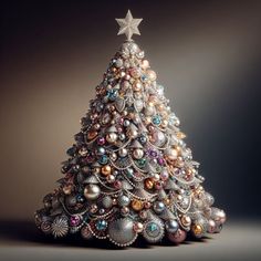 a christmas tree made out of ornaments and other things is shown in this image, with a star on top