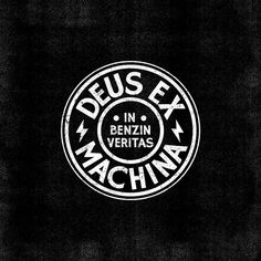 the logo for deus ex machina in benz veritas, germany on a black background