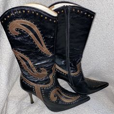 Just To Take That Special Outfit Over The Top, You Need These! Black Leather Cowboy Boots, With Beautiful Gold Studded Design. Guc, No Rip’s Or Tares, Size 8.5 Let’s Make A Deal! Designer Snip Toe Boots For Fall, Black Leather Cowboy Boots, Shoe Inspo, Leather Cowboy Boots, Pretty Shoes, Over The Top, Heel Boots, Boot Sandals, High Heel Boots