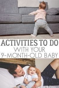 a man holding a baby on top of a bed next to a couch with the words activities to do with your 9 - month old baby