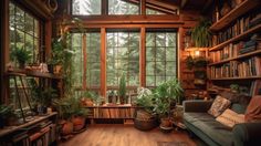 a living room filled with lots of plants and bookshelves next to a window