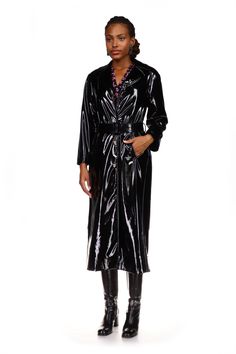 Lanvin Waterfall Coat, Belted Fitted Long Outerwear, Belted Long Fitted Outerwear, Sleek Belted Fall Outerwear, Chic Long Outerwear With Belted Cuffs, Sleek Belted Outerwear For Fall, Black Self-belted Outerwear For Fall, Black Long Belted Outerwear, Chic Long Belted Outerwear