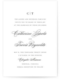 the wedding stationery is shown in black and white, with an elegant calligraphy font