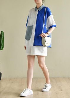 Style blue white patchwork Blouse lapel pockets tunic summer tops

 Materials used: cotton linen

Measurement:Size S/BUST-128cm   
Shoulder 57cm / 22.23"
Sleeve length 20cm / 7.8"
bust 128cm / 49.92"
length front 69cm / 26.91"
length back 71cm / 27.69"


Size M/BUST-132cm   
Shoulder 58cm / 22.62"
Sleeve length 21cm / 8.19"
bust 132cm / 51.48"
length front 70cm / 27.3"
length back 72cm / 28.08"



We ship worldwide.

Tracking numbers provided for all orders. Patchwork Short Sleeve Blouse For Work, Summer Linen Patchwork Tops, White Short Sleeve Blouse With Patchwork, White Collared Patchwork Blouse, White Collared Blouse With Patchwork, White Collared Blouse With Pockets, White Cotton Patchwork Blouse, Summer Cotton Patchwork Blouse, Beach Patchwork Cotton Blouse