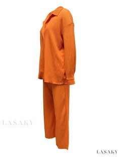 Lasaky - Chic Two-Piece Co-ord Set: Button-Front Long Sleeve Shirt and Wide Leg Pants Ensemble - Womens Fashion Collared Loungewear Sets With Buttons, Casual Long Sleeve Pant Set For Daywear, Collared Sets With Buttons For Loungewear, Casual Orange Workwear Sets, Casual Daywear Sets With Buttons, Casual Sets With Button Closure For Daywear, Shirt And Wide Leg Pants, Wide Leg Pants Outfits, Leg Pants Outfit