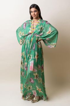 Green chiffon kaftan dress featuring a V neck and flared sleeves. Adorned with floral print and sequins hand embroidery along the placket and neckline., Fit: Relaxed V Neck Kaftan, Chiffon Kaftan, Dress With Floral Print, Kaftan Dress, Floral Chiffon, Flared Sleeves, Aza Fashion, Women Dresses, Dresses Maxi