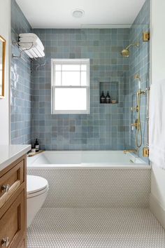 a bath room with a toilet a tub and a window