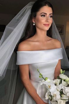 Off The Shoulder Ivory Satin Wedding Dress With Zipper Button,WW021 Satin Wedding Dress Simple, Cheap Bridal Dresses, Short Sleeve Wedding Dress, Off Shoulder Wedding Dress, White Bridal Dresses, Wedding Gowns With Sleeves, Cheap Wedding Dresses Online, Pnina Tornai, Wedding Dress Belt