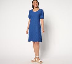 When you're hosting or toasting, this charming knit eyelet dress brings the easy elegance and the moves-with-you comfort (hello, full lining). And its length makes it a winner for the office, too! From Susan Graver. Susan Graver, Eyelet Dress, Elbow Sleeve, Dress Skirt, Fashion Dresses, Bring It On, Knitting, Dresses