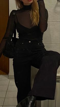 @milasara_ Mesh Black Shirt Outfit, Sheer Tops Aesthetic, Sheer Black Turtleneck Outfit, Mesh Black Top Outfit, Mesh Top Outfit Classy, Sheer Black Top Outfit, Sheer Long Sleeve Top Outfit, Black Sheer Top Outfit, Sheer Top Outfit