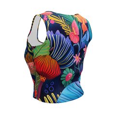 Look fabulous in an all-over printed, body-hugging crop top, now offering FREE SHIPPING to the US, Canada, EU, and UK! The artwork This artwork is a vivid and richly detailed depiction of a variety of African flowers, showcasing a tapestry of vibrant colors and intricate patterns. The piece features a dynamic assortment of floral elements, including large, bold blossoms and delicate foliage, all set against a deep blue background. The use of contrasting colors and stylized forms captures the lus Crop Top Mujer, French Collection, African Flowers, Love Rainbow, Spring Collection, Blue Backgrounds, Deep Blue, Crop Tops Women, Contrasting Colors