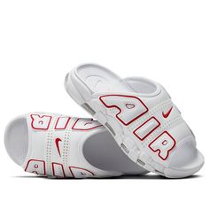 Nike Air More Uptempo Slide 'White Red' FD9884-100 White Sporty Slides For Outdoor, Casual White Slides For Outdoor, Sporty White Breathable Slides, White Sports Slides With Cushioned Footbed, White Cushioned Slides For Sports, Sporty Slides With Air Cushioning For Sports, Sporty White Slides For Sports, Slides Nike, Nike Air More Uptempo