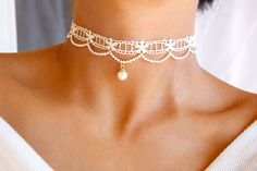 Adjustable with extender from 12.0 to 15.0 inches, for other custom lengths please write your preferred measurements in the order note x Elegant White Pearl Charm Choker, Elegant White Choker With Pearl Charm, Dainty White Pearl Choker, Dainty Pearl Charm Choker For Wedding, White Pearl Charm Choker For Party, Elegant White Pearl Drop Choker, Delicate White Choker With Pearl Charm, Elegant White Choker With Pearl Drop, Elegant Lace Wedding Choker