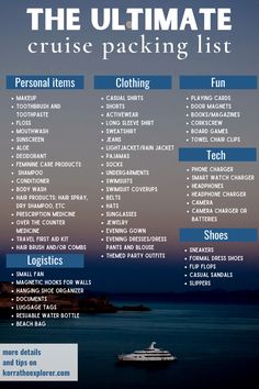 the ultimate cruise packing list is shown in blue and white, with an image of a boat