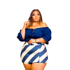 New Blue Off-Shoulder 2pc. Culottes Suit Size Xl Cotton Material Plus Size 2 Piece Outfit, Chic Fitted Blue Off-shoulder Top, Blue Fitted Chic Off-shoulder Top, Stylish Midi Skirt, Cropped Plus Size, Striped Print Dresses, Plus Size Two Piece, Ruffle Crop Top, Party Suits