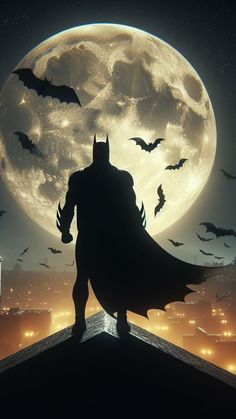 a batman standing on top of a roof in front of a full moon with bats