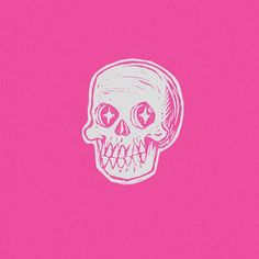 a drawing of a skull on a pink background