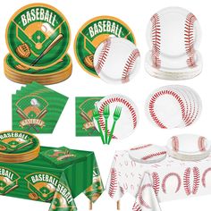 baseball themed party supplies including plates, napkins and cups