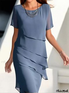 Olivia Mark - Elegant Long Dress with Snow Lace Trimmed Round Neck and Short Sleeves Midi Dress Layering, Dress Layered, Marine Uniform, Work Dresses For Women, Midi Dress Style, Casual Party Dresses, Chiffon Midi Dress, Breezy Dress, Dress Chiffon