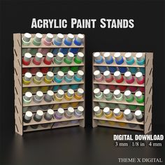 acrylic paint stands are shown with different colors and sizes for each item in the display