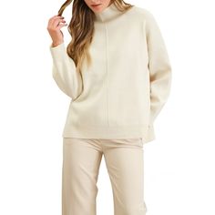 Introducing our effortlessly chic August Sky Women's Rib Trim Pullover Sweater, a perfect blend of comfort and style. Crafted with utmost care, this versatile piece features exquisite ribbed trim along the neckline, sleeve openings, and hemline, adding a touch of refined elegance. Its relaxed and loose-fitting silhouette, coupled with dropped shoulders, ensures a flattering drape that effortlessly complements any body shape. The subtle side slits provide a hint of contemporary flair, while the m Sweater Cream, Mock Turtleneck, Cozy Knits, Body Shape, Sweater Shop, Pullover Sweater, Body Shapes, Knit Cardigan, Mock Neck