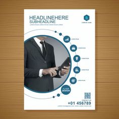 a business brochure with a man in a suit and tie holding a tablet