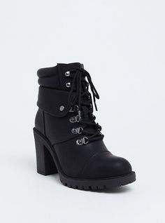 Wide Width Black Faux Leather Lace-Up Hiker Boot - Wide Width Heels Aesthetic, 17 Black, Heels Classy, Faux Leather Boots, Unique Fits, Wide Width Shoes, Wide Boots, Lug Sole, Black Faux Leather