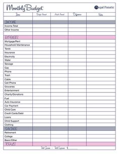 a printable budget sheet with pink and gray stripes on the bottom, in front of a