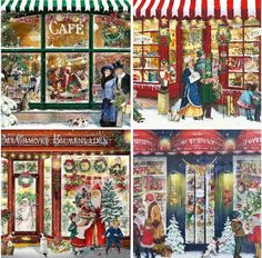 four different pictures of people in front of a store with christmas decorations on the windows