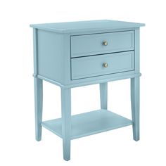 a blue nightstand table with two drawers on one side and an open drawer on the other