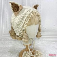 Qteee - Charming Feline-Inspired Lace Lolita Hat for Cozy Comfort Cute Cat Ears Hat, Cute Knitted Cat Ears Hat, Casual Knitted Cat Ears Hats, Cute Knitted Fitted Hat, Cute Cotton Hat, Cute Cotton Hat One Size, Cute White Knitted Bonnet, Cute Cotton Hat, One Size Fits All, Cute White Knitted Hat